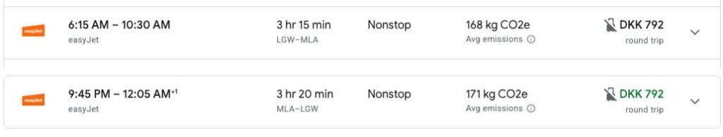 LGW-MLA 1 day flight timetable