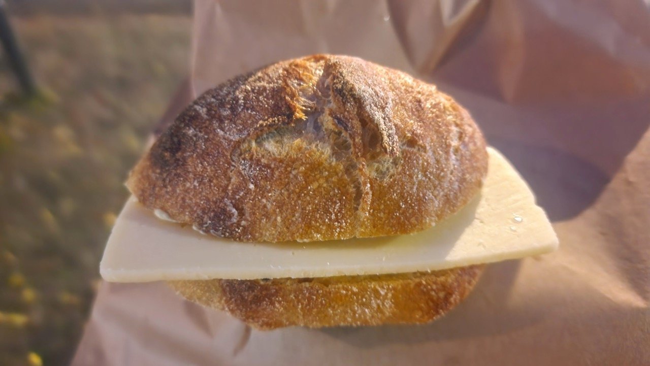 Bun with butter and cheese from Andersen Bakery, Copenhagen.