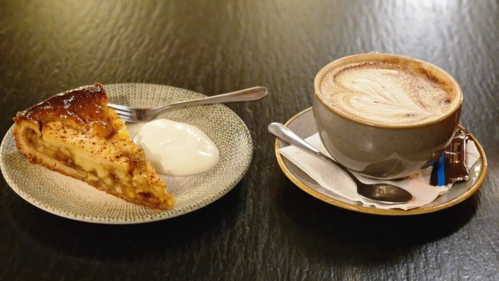 Apple pie and cappuccino at Cafe Valentin