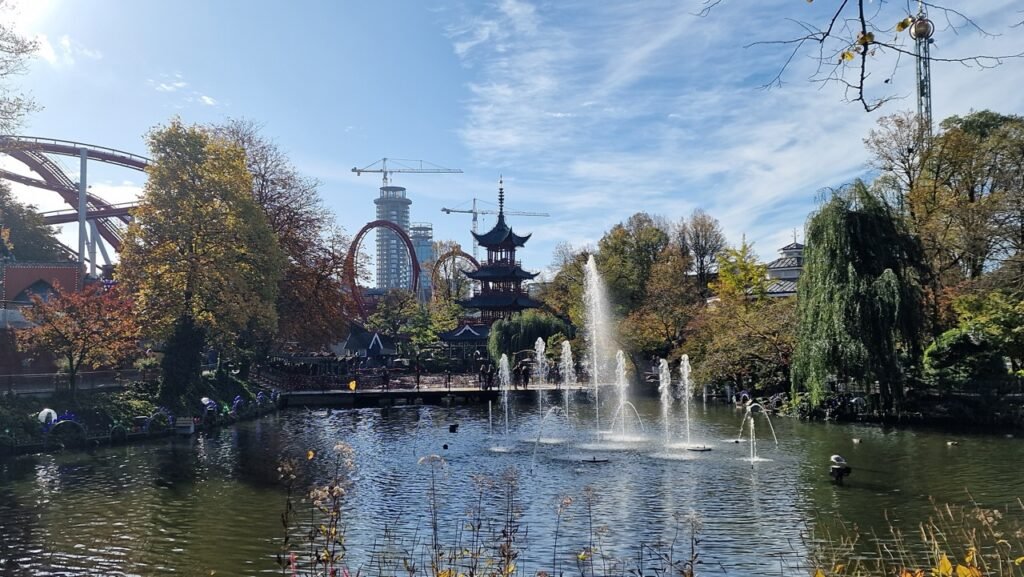 Tivoli lake view with roller coasters