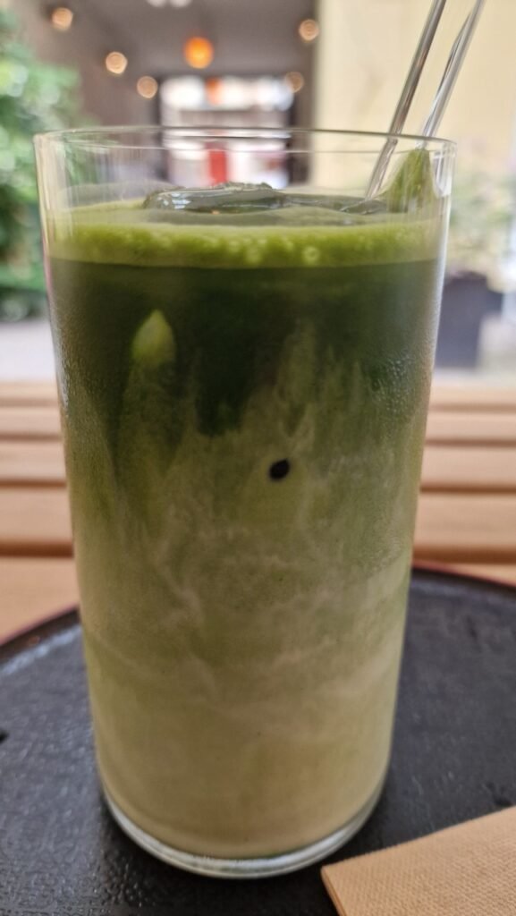 Cold matcha latte at Sing Tehus