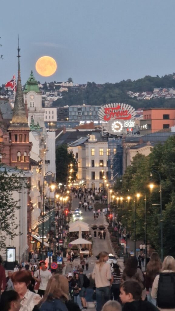 Karl Johans Gate with the Moon, photographed from Oslo Royal Palace
